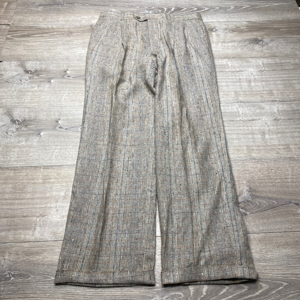 Leeds Slacks Trousers Mens 31 Brown Plaid Pleated Cuffed Vintage Made in USA